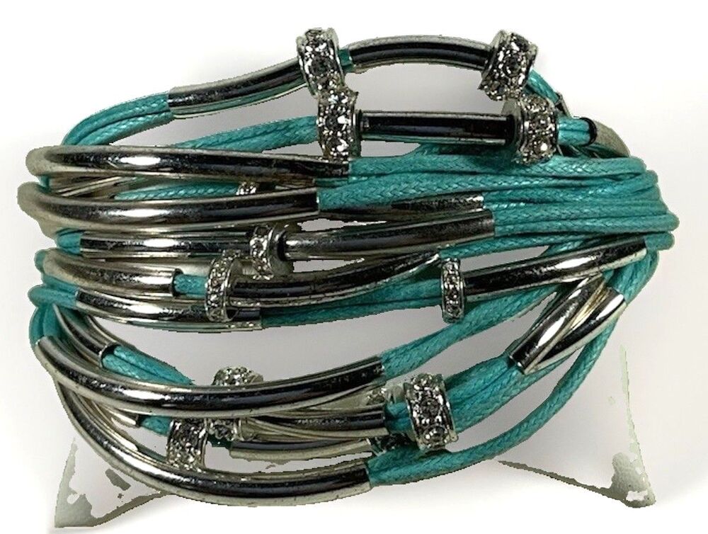 New Anklet/Bracelet Silver Plated Tubes Crystal Turquoise Cord Toggle Clasp Boho